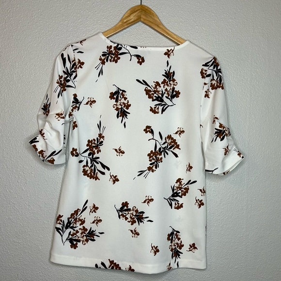 ANN TAYLOR RUCHED SLEEVE FLORAL BLOUSE MEDIUM - Picture 2 of 2